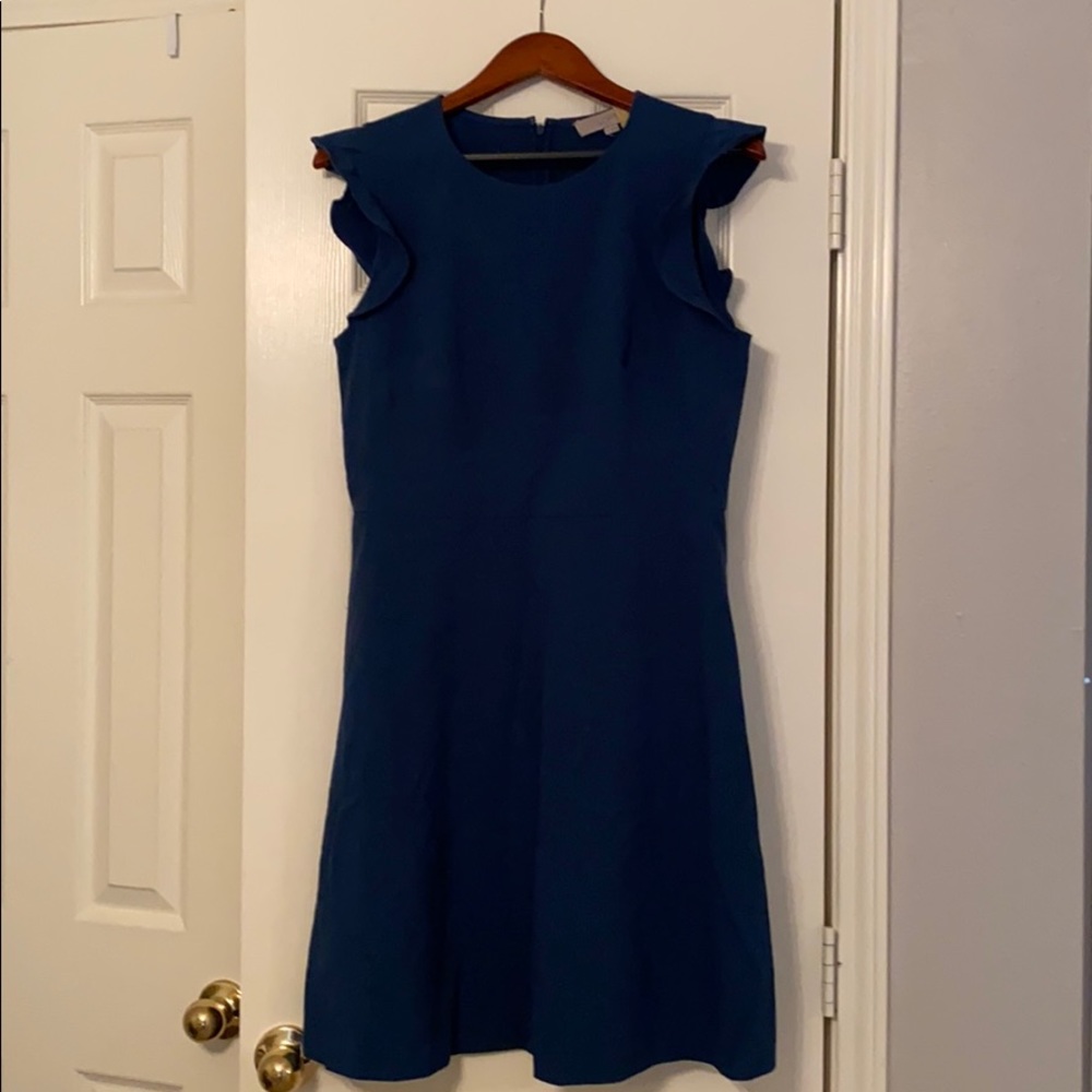 Blue flutter sleeve dress.